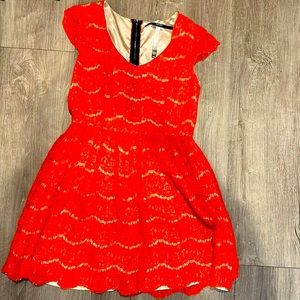 Cute Kensie M Dress with light nude silk base and bright orange/ red over lace